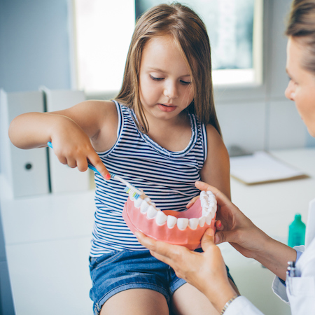 A young girl being shown how to brush teeth during a family dentistry visit
